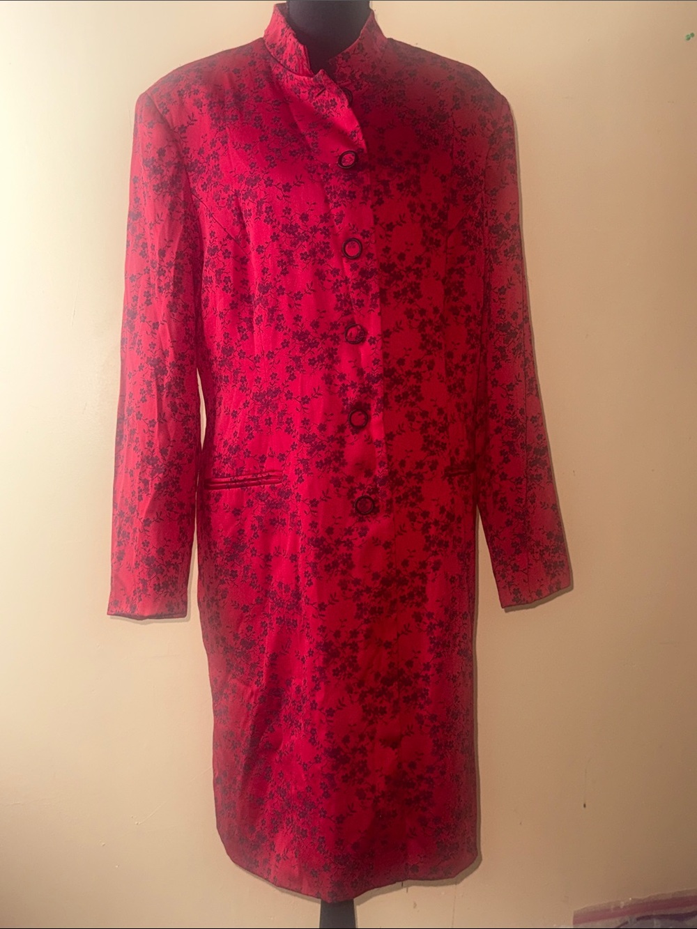 Red Floral Mandarin-Collar Long Sleeve Dress
